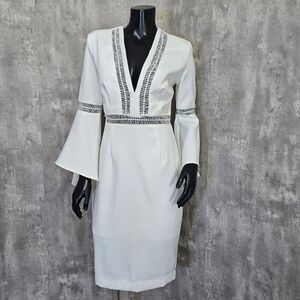 White Closet Womens 10 White Deep Vneck Bell Sleeve Cutout Detailed Sheath Dress